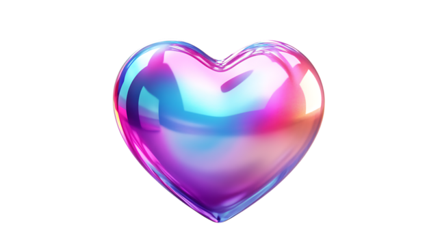 Iridescent gradient heart object with a smooth reflective surface, displaying vibrant hues of pink, blue, and purple. Isolated on transparent background.