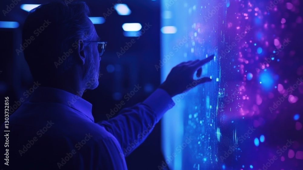 Poster a shot captures the business leader pointing to an interactive touchscreen interface beside them whe