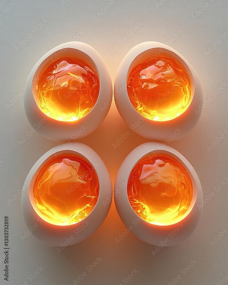 Poster four glowing eggs with vibrant orange yolks displayed on a light background, creating a surreal aest