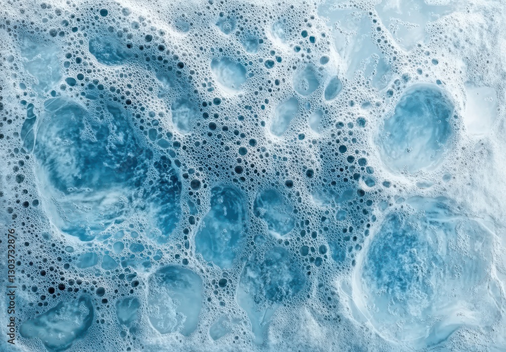 Poster close-up view of turbulent blue foam with bubbles in clear water creating a unique abstract texture 