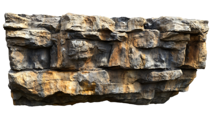 Layered rocky cliff with natural texture and sharp edges, showcasing detailed formations of sedimentary rock in an earthy, rugged design. Isolated on transparent background.