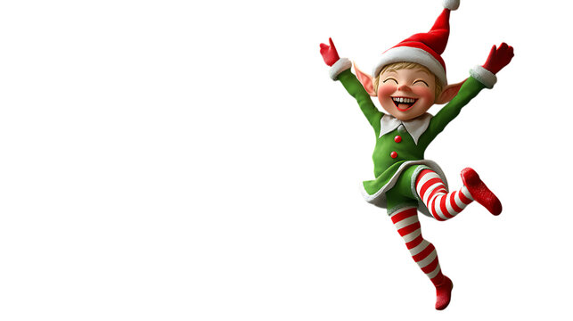 Lively Christmas elf figurine in a green costume and red striped stockings, captured in a playful dancing pose, adding festive cheer to holiday decorations. Isolated on transparent background.