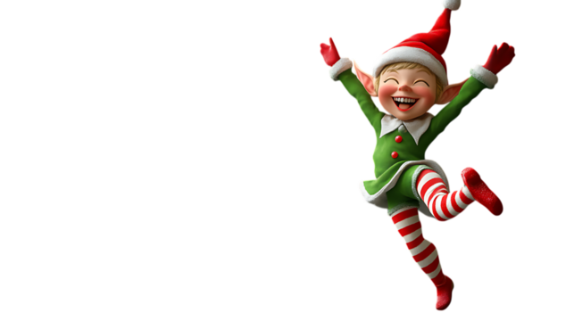 Lively Christmas elf figurine in a green costume and red striped stockings, captured in a playful dancing pose, adding festive cheer to holiday decorations. Isolated on transparent background.