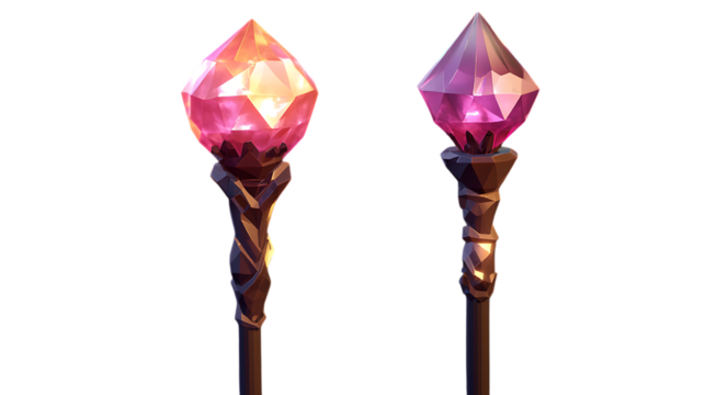 Low poly 3D magic staff featuring a glowing gemstone on top, crafted with stylized and geometric shapes, perfect for fantasy themes. Isolated on transparent background.