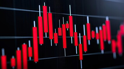 Close-up of a financial market chart displaying red candlestick patterns, representing market declines and trading activity.