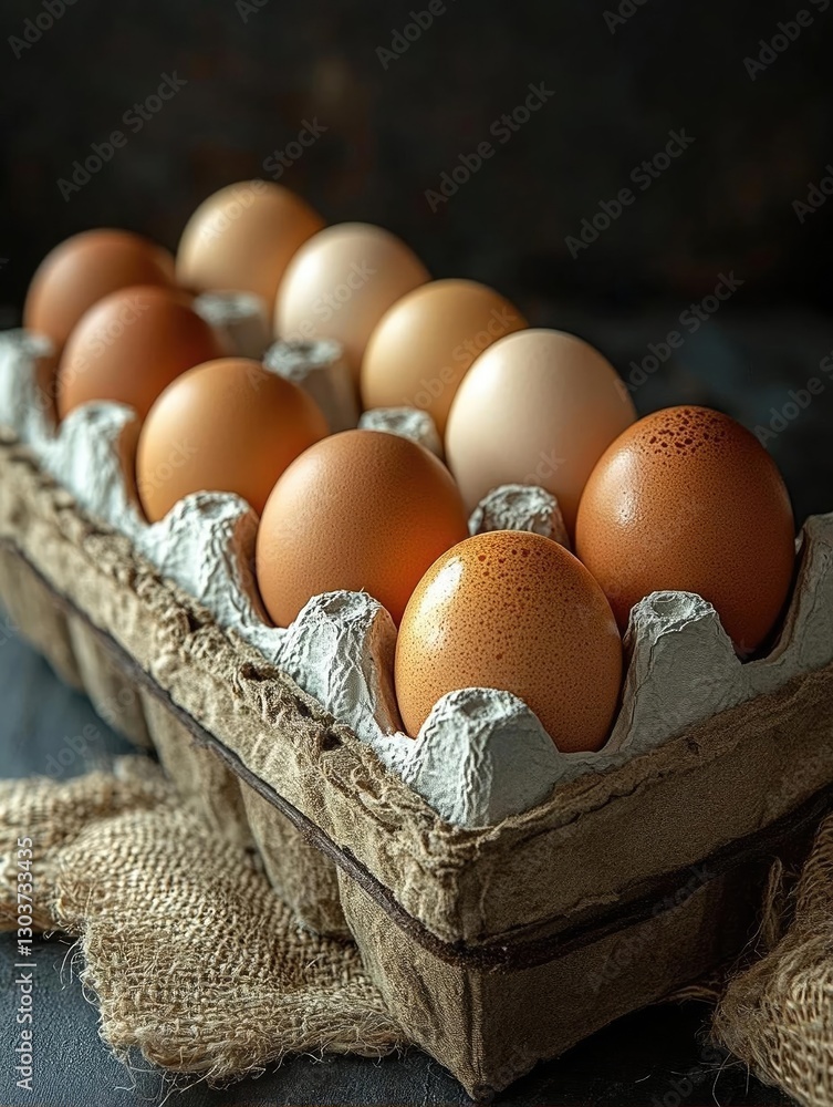Poster freshly collected eggs in a carton on a rustic surface with a textured background