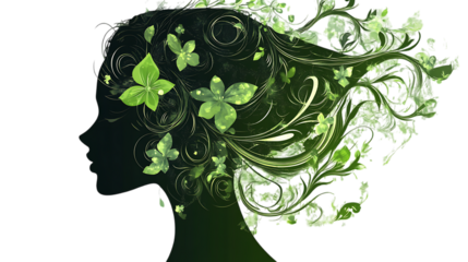 Nature-inspired female silhouette adorned with swirling floral patterns in green tones, combining organic and artistic elements for a modern design. Isolated on transparent background.
