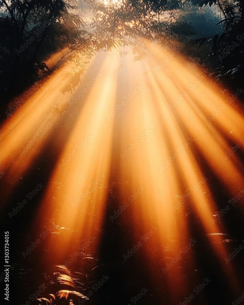 Poster sunlight streaming through trees in a dense forest, creating a warm and serene atmosphere