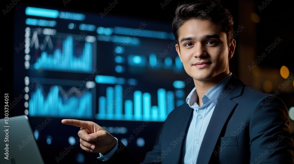 Poster young stock market broker pointing at financial data displayed on multiple computer screens, working