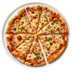 delicious cheesy Italian pizza on a plate, isolated on a white background