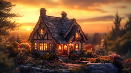 A miniature house bathed in the warm glow of a sunset, a captivating scene crafted with intricate detail. Memory - Old house. Illustration