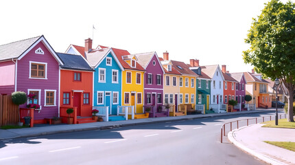 Vibrant, colorful village houses line a road, viewed from the road.  Bright, hard light creates strong shadows.  Houses are cute and realistic with refined, elegant features.