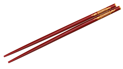 Pair of traditional chopsticks in red and gold, showcasing an elegant design. Ideal for themes related to Asian culture, dining, or culinary arts. Isolated on transparent background.