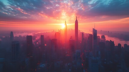 Fototapeta premium Cityscape sunrise, hazy skyline, Manhattan, dramatic sky, aerial view, urban dawn, advertising, travel