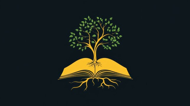 Growing knowledge, book with tree roots, education concept, graphic design