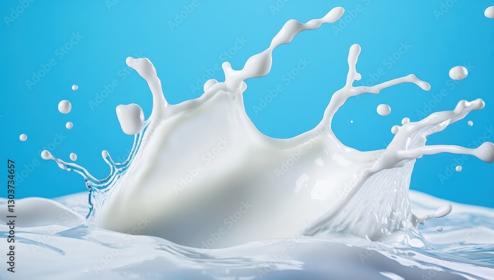 Poster dynamic milk splash creating ripples and droplets against a vibrant blue background for creative and