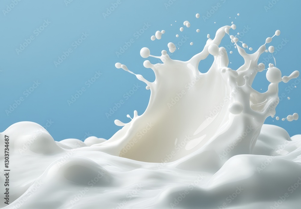 Poster dynamic milk splash in a smooth wave on a light blue background capturing freshness and creaminess i