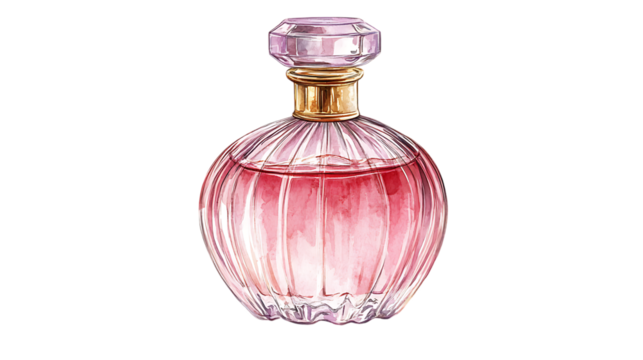 Pink perfume bottle watercolor illustration featuring a transparent design with gold accents, perfect for luxury and beauty-themed projects. Isolated on transparent background.