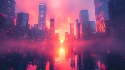 Obraz premium Pink sunset reflecting on futuristic city waterfront