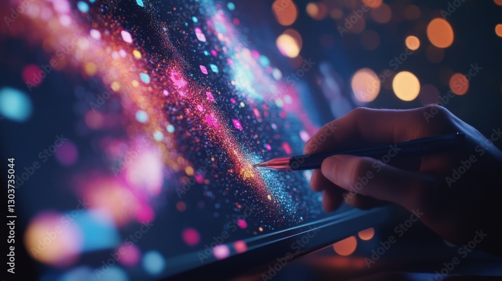 Poster hand holding stylus pen interacting with a digital screen displaying colorful big data visualization