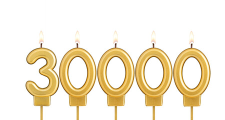 Candles forming the number 30000 - white background.