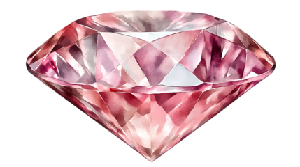Pink watercolor diamond featuring faceted details and soft tones. The design highlights a luxurious and elegant artistic style. Isolated on transparent background.