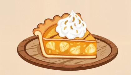 Warm apple pie slice with whipped cream on rustic plate, delicious treat