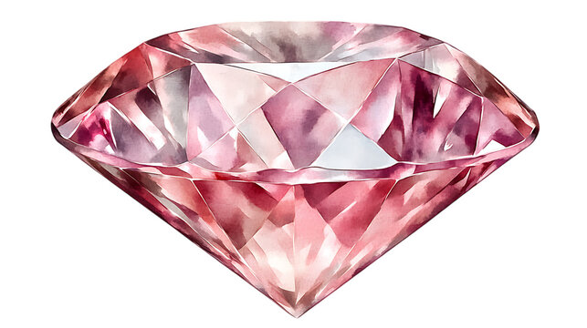 Pink watercolor diamond featuring faceted details and soft tones. The design highlights a luxurious and elegant artistic style. Isolated on transparent background.