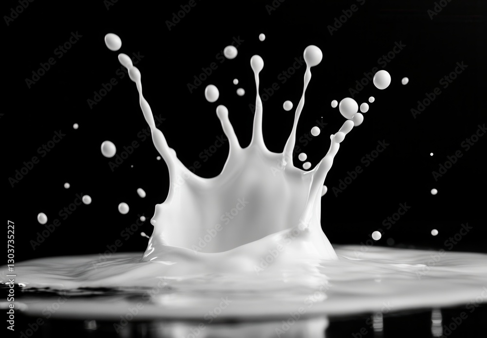 Poster dynamic splash of milk creating captivating droplets against a black background, showcasing fluid mo