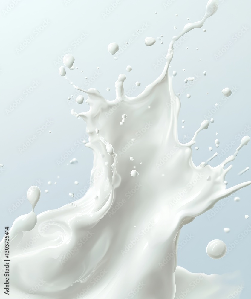 Poster dynamic white liquid splash against soft background with droplets capturing fluid motion and energy 