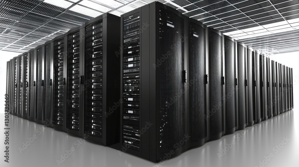 Poster modern data center rack servers in a high-tech environment