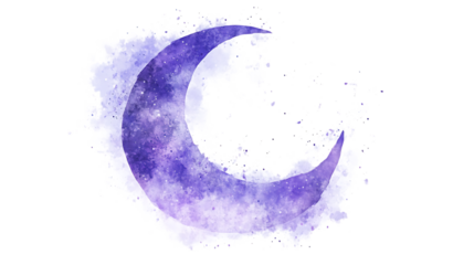 Purple crescent moon watercolor illustration with detailed textures and soft tones. The artistic design creates a dreamy and elegant aesthetic. Isolated on transparent background.