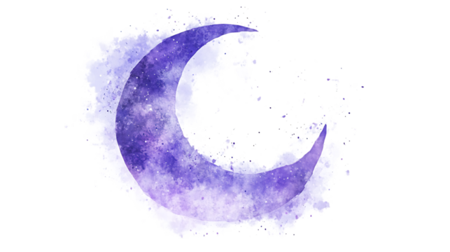 Purple crescent moon watercolor illustration with detailed textures and soft tones. The artistic design creates a dreamy and elegant aesthetic. Isolated on transparent background. - Powered by Adobe