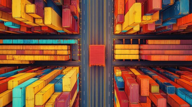 Aerial shot of a container ship passing through a major shipping lane, with a fleet of cargo vessels in the distance, capturing the vast network of global trade and supply chain operations. 