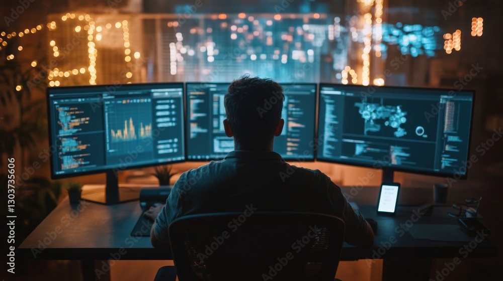Poster software engineer is working late at night in home office, using multiple computer monitors displayi
