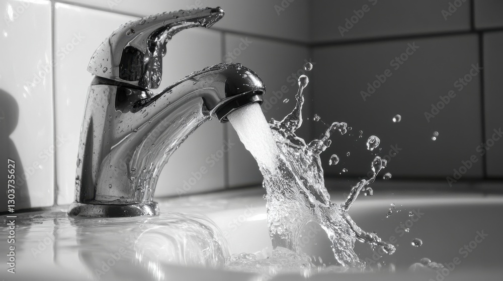 Poster captivating slow motion capture of a water droplet forming and breaking free from a faucet, showcasi