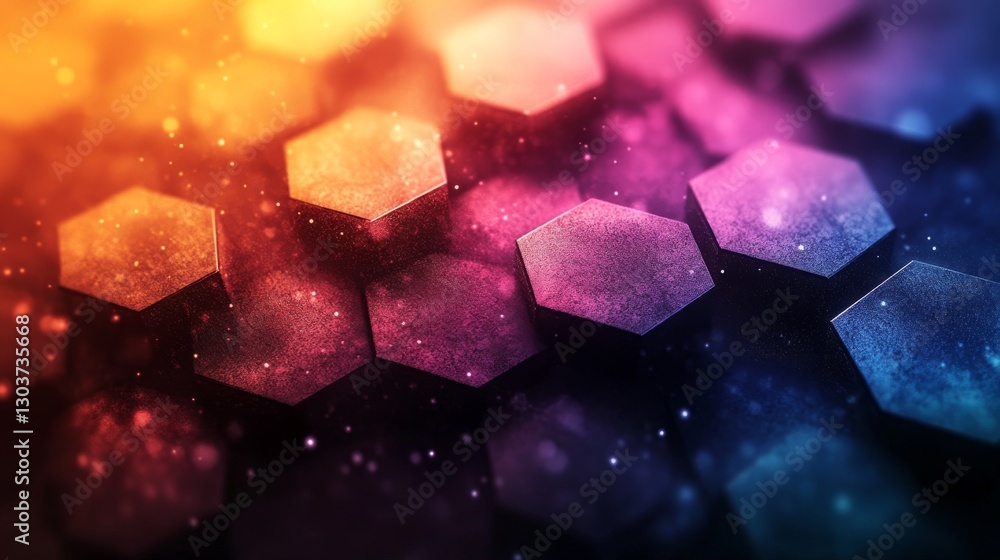 Poster abstract rendered hexagons in vibrant colors with a depth of field