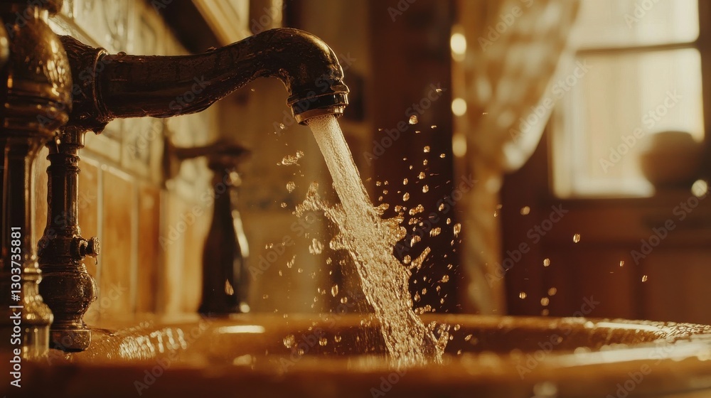 Poster captivating slow motion capture of water droplet forming and breaking free from a faucet in a rustic
