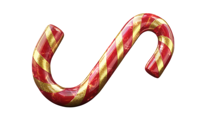 Red and gold 3D candy cane with a glossy finish, perfect for holiday and Christmas-themed designs. Isolated on transparent background.