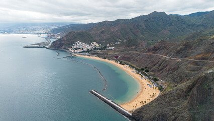 Fototapeta premium Aerial view of the Playa de Las Teresitas (Las Teresitas Beach) near Santa Cruz de Tenerife, the capital city of the Canary Islands, Spain