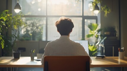 Fototapeta premium Businessman sitting at a desk in a home office, working intently on a computer displaying graphs, surrounded by lush plants and illuminated by warm sunlight streaming through the window