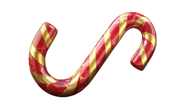 Red and gold 3D candy cane with a glossy finish, perfect for holiday and Christmas-themed designs. Isolated on transparent background.