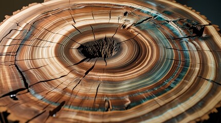 Obraz premium A cross-section of a tree trunk showing intricate growth rings, cracks, and organic imperfection