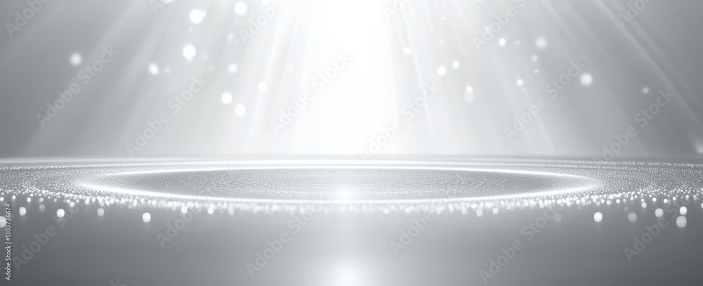 Poster ethereal light beams illuminate a glossy surface with sparkling particles, creating a dreamy and enc