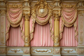 Fototapeta premium Elegant pink curtains drape over ornate gold columns. Ideal for royalty, theatre, or luxury backdrop.