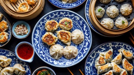 A vibrant array of dumplings fills elegant blue-and-white dishes, showcasing various textures and steaming flavors. This bustling gathering celebrates culinary artistry in every bite