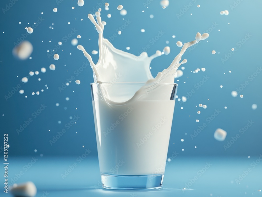 Poster fresh creamy milk splashing from a clear glass against a soft blue background capturing motion and f
