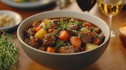 A bowl of hearty beef stew with carrots and potatoes. 