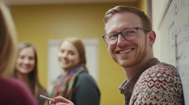 Young male teacher smiling and looking at students while leaning against whiteboard with math equations written on it during a lesson in the classroom