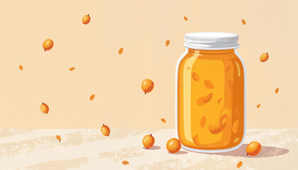 Vibrant sea buckthorn juice in glass jar on linen table, healthy living